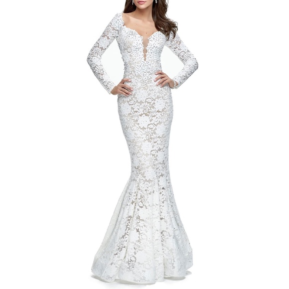 La Femme 25607 Plunge V-Neck Long Sleeve Lace Gown